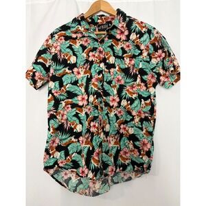 Rude Mens Large Corgi Dog Hawaiian Shirt Black Floral Tropical Cotton Button Up